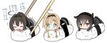  3girls akizuki_(kantai_collection) black_skirt blonde_hair blue_eyes blush brown_hair chibi chopsticks cis_(carcharias) crying expressionless food hatsuzuki_(kantai_collection) jitome kantai_collection long_sleeves looking_at_viewer minigirl multiple_girls pleated_skirt short_hair simple_background skirt sushi teruzuki_(kantai_collection) translated trembling white_background 