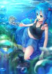  1girl adapted_costume air_bubble algae black_panties black_shirt blue_eyes blue_hair blue_skirt blurry borushichi breasts breath bubble caustics cleavage collarbone day depth_of_field fish freediving gradient_eyes green_eyes hair_bobbles hair_ornament kawashiro_nitori key_necklace legs_up light_rays midriff multicolored_eyes navel open_mouth panties reflective_eyes shirt skirt smile solo swimming tank_top thighs thong_panties touhou two_side_up underwater underwear 