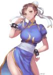  1girl bangs blue_dress blush bracelet breasts brown_eyes brown_hair bun_cover china_dress chinese_clothes chun-li closed_mouth contrapposto cowboy_shot crescent double_bun dress earrings eyebrows eyebrows_visible_through_hair eyelashes frown hair_ribbon hand_on_hip head_tilt holding jewelry large_breasts looking_at_viewer meto31 no_legwear pearl_earrings pelvic_curtain pink_lips puffy_short_sleeves puffy_sleeves ribbon sash short_sleeves simple_background solo spiked_bracelet spikes street_fighter white_background white_ribbon 