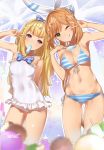  2girls ;q anger_vein ass_visible_through_thighs bikini blonde_hair bow breasts cagliostro_(granblue_fantasy) clarisse_(granblue_fantasy) cleavage contrapposto frilled_swimsuit frills front-tie_bikini front-tie_top granblue_fantasy green_eyes hair_bow highres light_brown_hair long_hair looking_at_viewer mouth_hold multiple_girls one_eye_closed ponytail popsicle side-tie_bikini smile striped striped_bikini striped_swimsuit swimsuit tongue tongue_out v violet_eyes yaman_(yamanta_lov) 