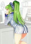  1girl ass back c.c. code_geass creayus employee_uniform green_hair high_ponytail lawson long_hair ponytail skirt solo uniform 