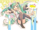  1girl armpits blush boots detached_sleeves full_body green_eyes green_hair hatsune_miku headset long_hair looking_at_viewer md5_mismatch murakami_yuichi necktie open_mouth outstretched_arms skirt smile solo thigh-highs thigh_boots twintails very_long_hair vocaloid 