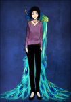  1boy animal animal_on_shoulder ayasegawa_yumichika bird bird_on_shoulder black_hair bleach blue_eyes casual hands_in_pockets heterochromia jewelry looking_at_viewer necklace nuku peacock solo violet_eyes 