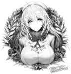  1girl atago_(kantai_collection) beret breasts commentary_request flower fur_trim gloves hat kantai_collection large_breasts long_hair long_sleeves looking_at_viewer military military_uniform monochrome plant rose smile snowball22 solo uniform upper_body 