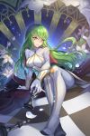 1girl boots breasts c.c. chess_piece chessboard code_geass flower gloves green_hair high_heels highres lily_(flower) long_hair looking_at_viewer petals sitting smile solo thigh-highs thigh_boots white_gloves yellow_eyes yuangungun_xiaodupi 