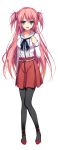  1girl absurdres blue_eyes full_body hair_ornament hasegawa_ren high_heels highres long_hair looking_at_viewer open_mouth pantyhose pink_hair reminiscence reminiscence_re:collect ribbon simple_background skirt smile solo standing tomose_shunsaku transparent_background 