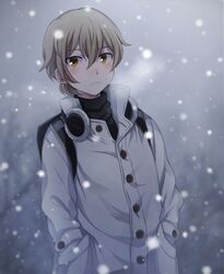  1boy backpack bag bangs blonde_hair blurry blush boku_dake_ga_inai_machi breath buttons closed_mouth coat depth_of_field earmuffs frown hair_between_eyes hands_in_pockets kobayashi_kenya long_sleeves looking_at_viewer male_focus outdoors sasakura34 snowing solo turtleneck upper_body winter winter_clothes yellow_eyes 