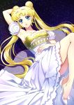  1girl absurdres armpits bishoujo_senshi_sailor_moon blonde_hair blue_eyes crescent double_bun dress facial_mark forehead_mark full_body hair_ornament hairpin high_heels highres long_hair princess_serenity shoes sky solo star_(sky) starry_sky tomomiya tsukino_usagi twintails white_dress white_shoes 