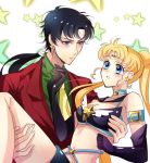  1boy 1girl bishoujo_senshi_sailor_moon black_gloves black_hair blonde_hair blue_eyes blush brooch carrying choker circlet cosplay double_bun earrings elbow_gloves formal gloves jewelry long_hair looking_at_another necktie ponytail princess_carry sailor_star_fighter sailor_star_fighter_(cosplay) seiya_kou star star_earrings starry_background suit tomomiya tsukino_usagi twintails white_background yellow_necktie 