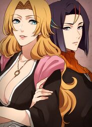 1boy 1girl ayasegawa_yumichika bad_id bleach blonde_hair blue_eyes breasts cleavage crossed_arms japanese_clothes large_breasts long_hair matsumoto_rangiku mole mole_under_mouth nuku parted_lips purple_hair violet_eyes