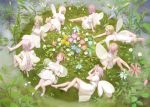  6+girls bangs bare_legs barefoot blonde_hair blush brown_hair closed_eyes dress error fairy fairy_wings feet feet_in_water flower highres lily_pad long_hair lying minigirl mujiha_(mlog) multiple_girls nature on_back on_side on_stomach original pink_hair puffy_short_sleeves puffy_sleeves purple_hair short_hair short_sleeves sitting smile soaking_feet violet_eyes wading water white_dress wings wrong_feet 