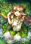  1girl :d animal animal_ears bangs blonde_hair blush branch breasts dress eyebrows eyebrows_visible_through_hair from_above grass green_eyes hair_between_eyes hair_ornament highres holding_animal holding_staff horns jewelry leaf long_hair long_sleeves looking_at_viewer nagi_(tartaros_online) nature necklace on_ground open_mouth rudia school_uniform sheep sheep_ears sheep_horns sitting smile solo staff sunlight tartaros_online white_flower wide_sleeves 