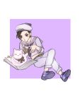  1boy anchor_symbol animalization black_hair book cat full_body hat jojo_no_kimyou_na_bouken jojolion killer_queen kira_yoshikage_(jojolion) legs_crossed male_focus navel reammara sailor sailor_hat solo violet_eyes younger 