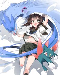  1girl arm_up articuno bird black_hair black_skirt brown_eyes commentary crossover fubuki_(kantai_collection) highres kantai_collection legendary_pokemon looking_at_viewer master_ball midriff mtu_(orewamuzituda) navel open_mouth pleated_skirt poke_ball pokemon pokemon_(creature) remodel_(kantai_collection) school_uniform serafuku short_hair skirt smile sneasel 