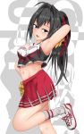  1girl alphe black_hair blush cheerleader crop_top crop_top_overhang highres long_hair md5_mismatch midriff navel open_mouth original pom_poms ponytail red_eyes solo 