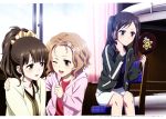 3girls :d ;d absurdres alternate_hairstyle bed black_hair blush brown_eyes bunk_bed eye_contact flower forehead hair_flower hair_ornament hanasaku_iroha hand_on_another&#039;s_shoulder highres hood hoodie indoors jacket long_hair looking_at_another looking_at_mirror matsumae_ohana mirror multiple_girls official_art one_eye_closed open_clothes open_hoodie open_jacket open_mouth oshimizu_nako ponytail scan sitting smile suzuki_misaki_(animator) thumbs_up tsurugi_minko twintails wavy_hair white_shorts 
