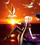  1girl aoki_hagane_no_arpeggio bird blonde_hair dress exis kongou_(aoki_hagane_no_arpeggio) long_hair pantyhose red_eyes seagull solo sunset twintails two_side_up 