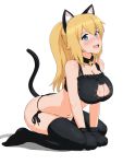  1girl :d animal_ears bell black_bra black_panties blonde_hair blue_eyes blush bra breasts cat_cutout cat_ears cat_lingerie cat_tail cleavage cleavage_cutout fang gloves highres jingle_bell large_breasts long_hair looking_at_viewer nao_(ritsancrossover) navel open_mouth original panties paw_gloves ponytail side-tie_panties simple_background smile solo tail underwear underwear_only white_background 
