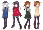  4girls :d akatsuki_(kantai_collection) alternate_costume black_eyes black_hair blue_eyes blush boots brown_eyes brown_hair casual clenched_hand flat_cap folded_ponytail gloves hair_ornament hairclip hand_on_hip hat hibiki_(kantai_collection) ikazuchi_(kantai_collection) inazuma_(kantai_collection) jacket kantai_collection long_hair muhogame multiple_girls neck_ribbon open_mouth pantyhose ribbon scarf smile v_arms white_background white_hair 