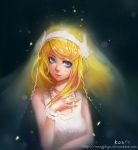  1girl artist_name blonde_hair blue_eyes bracelet dress highres jewelry league_of_legends long_hair luxanna_crownguard nail_polish necklace pearl_necklace ring smile solo songjikyo wedding_dress white_dress yellow_nails 
