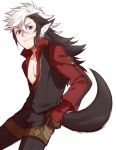  1boy animal_ears black_hair craneace fire_emblem fire_emblem_if flannel_(fire_emblem_if) long_hair multicolored_hair scar simple_background solo tail two-tone_hair white_background white_hair wolf_ears wolf_tail 