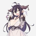  1girl :d ^_^ antenna_hair bandaged_arm bandages black_gloves black_hair blush breasts bursting_breasts chan_co cleavage closed_eyes crescent danua dress fingerless_gloves gloves granblue_fantasy hair_between_eyes horn_ornament horns jewelry large_breasts long_hair necklace open_mouth pointy_ears revision simple_background smile solo strap_pull translation_request white_dress 