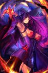  1girl black_sclera blazblue blazblue:_central_fiction breasts detached_sleeves dress fingernails glowing glowing_eye hair_over_one_eye hat highres impossible_clothes impossible_dress konoe_a_mercury large_breasts long_hair pink_hair sharp_fingernails short_dress signature slit_pupils solo strapless strapless_dress upskirt very_long_hair wallace_pires witch_hat yellow_eyes 