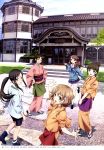  5girls absurdres bike_shorts black_hair blue_skirt boots brown_eyes brown_hair cardigan hanasaku_iroha hands_on_hips hands_together highres japanese_clothes kimono kneehighs loafers long_hair looking_at_viewer matsumae_ohana mole mole_under_eye multiple_girls official_art open_mouth oshimizu_nako outdoors pleated_skirt sandals scan school_uniform sekiguchi_kanami serafuku shoes short_hair skirt smile tabi tasuki tsurugi_minko wajima_tomoe wakura_yuina white_legwear yukata 