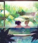  2girls ayase_eli blonde_hair impressionism long_hair looking_at_another love_live!_school_idol_project multiple_girls onsen partially_submerged purple_hair scenery smile toujou_nozomi zhaitengjingcang 
