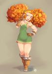  1girl armlet big_hair blue_eyes boots brown_gloves buck_teeth dress ember_(nerdbayne) eyebrows freckles full_body gloves green_dress hand_on_hip nerdbayne orange_hair original raised_eyebrow short_dress sidelocks single_strap small_breasts solo standing twintails wide_hips 