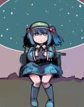  1girl backpack bag bare_legs blue_dress blue_eyes blue_hair blush_stickers boots dress flat_cap full_body hair_bobbles hair_ornament hat jpeg_artifacts kawashiro_nitori key long_sleeves looking_afar looking_up nagomibako_(nagomi-99) night night_sky outdoors pocket rubber_boots short_hair sitting sky solo star_(sky) starry_sky thighs touhou twintails two_side_up 