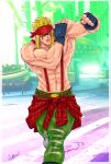  1boy abs alex_(street_fighter) blonde_hair blue_eyes clothes_around_waist facial_tattoo fingerless_gloves gloves headband highres long_hair male_focus muscle shaded_face shirt_around_waist shirtless sidelocks signature solo street_fighter street_fighter_v stretch suspenders tattoo walking wallace_pires younger 