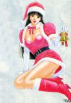  1girl bangs bell belt black_hair boots breasts character_request christmas cleavage earrings g-taste gloves hat highres jewelry long_hair looking_at_viewer open_mouth panties santa_boots santa_costume santa_hat smile solo underwear yagami_hiroki 