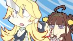  2girls ahoge bare_shoulders blonde_hair brown_hair double_bun hairband highres iowa_(kantai_collection) japanese_clothes kantai_collection kongou_(kantai_collection) long_hair multiple_girls nontraditional_miko panty_&amp;_stocking_with_garterbelt panty_(psg) parody stabbed stocking_(psg) style_parody sword weapon 