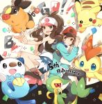  1boy 1girl anniversary back-to-back baseball_cap blue_eyes brown_eyes brown_hair confetti english hat hiro_(14806390) open_mouth oshawott pikachu pointing pokemon pokemon_(creature) pokemon_(game) pokemon_bw ponytail shorts smile snivy tepig touko_(pokemon) touya_(pokemon) victini 