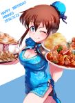  1girl ;d av_(artist) blue_eyes breasts brown_hair china_dress chinese_clothes cleavage cleavage_cutout dim_sum dress food hair_bun highres idolmaster idolmaster_million_live! one_eye_closed open_mouth ponytail satake_minako smile solo 