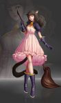  1girl absurdres animal_ears bell boots breasts broom brown_eyes brown_hair capelet cat_ears cat_tail cleavage crossed_legs diandianzai dress full_body gauntlets gradient gradient_background highres lips long_hair looking_at_viewer nose original pink_dress reflection solo standing tail watson_cross zoom_layer 