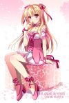  1girl alisa_reinford bare_shoulders blonde_hair bracelet breasts cherry_blossoms cleavage copyright_name corset dated detached_sleeves dress eiyuu_densetsu flower flower_ornament hair_flower hair_ornament hair_ribbon hand_to_own_mouth high_heels holding holding_flower jewelry long_hair looking_at_viewer morisaki_kurumi neck_ring petals red_eyes ribbon sen_no_kiseki sen_no_kiseki_2 short_dress sitting smile solo twitter_username two_side_up 