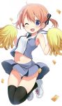  1girl ;d black_legwear blue_skirt blush cheerleader crop_top crop_top_overhang gochuumon_wa_usagi_desu_ka? hair_ribbon highres hoto_cocoa itamochi looking_at_viewer midriff navel one_eye_closed open_mouth panties pom_poms redhead ribbon shiny shiny_skin short_hair short_twintails simple_background skindentation skirt skirt_lift smile solo thigh-highs thigh_gap twintails underwear violet_eyes white_background white_panties wind wind_lift 