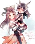  2girls :d armlet bare_shoulders black_hair black_legwear blush brown_eyes brown_hair carrying cis_(carcharias) headgear height_difference jintsuu_(kantai_collection) kantai_collection looking_at_viewer multiple_girls nagato_(kantai_collection) open_mouth parted_lips pointing red_eyes remodel_(kantai_collection) simple_background smile thigh-highs translation_request white_background younger zettai_ryouiki 