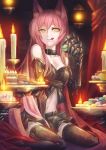  1girl :q a_nanji_(akkij0358) animal_ears bare_shoulders cake candle candlestand cat_ears claws food highres holding long_hair midriff pink_hair sitting solo stomach sweets thigh-highs tongue tongue_out very_long_hair wariza 