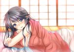  1girl black_hair blue_eyes breasts cleavage crossed_arms houshou_(kantai_collection) indoors japanese_clothes kantai_collection kimono long_hair looking_at_viewer looking_to_the_side lying messy_hair on_side open_clothes open_kimono open_mouth ponytail sazamiso_rx smile solo 