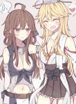  2girls ^_^ ahoge arm_behind_back arm_up bare_shoulders belt blonde_hair breasts brown_eyes cleavage closed_eyes clothes_writing commentary cosplay costume_switch hair_pull heart heart_in_mouth highres iowa_(kantai_collection) iowa_(kantai_collection)_(cosplay) kantai_collection kongou_(kantai_collection) kongou_(kantai_collection)_(cosplay) kvlen large_breasts multiple_girls navel no_headwear nontraditional_miko open_mouth skirt smile spoken_heart spoken_sweatdrop sweatdrop 