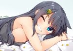  1girl adyisu area_aquamarine bare_shoulders black_hair blue_eyes blush breasts commentary_request hair_ornament large_breasts long_hair looking_at_viewer lying on_stomach one_eye_closed original sideboob simple_background smile solo twitter_username 