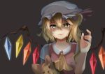  1girl absurdres commentary_request crying crying_with_eyes_open edaman flandre_scarlet highres looking_at_viewer simple_background solo stuffed_animal stuffed_toy tears teddy_bear touhou upper_body vampire 