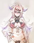  1girl blonde_hair blue_eyes bow_(bhp) breasts cleavage detached_sleeves hand_on_hip heterochromia horns long_hair looking_at_viewer navel original pointy_ears revealing_clothes solo violet_eyes 