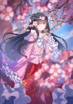  1girl animal animal_on_shoulder black_hair blue_sky blurry bow branch cherry_blossoms closed_mouth depth_of_field eyebrows eyebrows_visible_through_hair flower frilled_sleeves frills houraisan_kaguya li_luo long_hair long_sleeves petals pink_shirt rabbit red_eyes red_skirt shirt signature skirt sky smile solo touhou tree very_long_hair white_bow wide_sleeves 