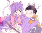  1boy 1girl :d animal animal_ears artist_name bangs bell blush bow cat cat_ears cat_tail chinese_clothes crossover double_bun esper_nyanko eye_contact eyebrows eyebrows_visible_through_hair hair_bell hair_bow hair_ornament hand_on_another&#039;s_ear hand_on_own_cheek head_rest holding_animal holding_cat hood hood_down hoodie hug kemonomimi_mode long_hair long_sleeves looking_at_another looking_back lying matsuno_ichimatsu mery_(apfl0515) motion_lines nervous on_stomach open_mouth osomatsu-kun osomatsu-san pants purple_hair ranma_1/2 red_eyes shampoo_(ranma_1/2) sidelocks sitting sketch smile surprised sweat tail track_pants very_long_hair wavy_mouth white_background 
