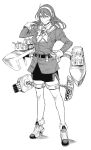  1girl ashigara_(kantai_collection) bangs commentary_request gloves hairband hand_in_hair hand_on_hip high_heels hiro_(chumo) jacket kantai_collection long_hair looking_at_viewer miniskirt monochrome neckerchief remodel_(kantai_collection) rigging skirt smile solo turret 