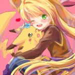  blonde_hair blush_stickers chuchu_(pokemon) colored_eyelashes green_eyes hat heart hug long_hair one_eye_closed open_mouth pikachu pink_background pokemon pokemon_(creature) pokemon_special simple_background sitting smile transistor very_long_hair yellow_(pokemon) 